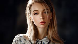 Anna Tsaralunga, women, model, blonde, face, looking at viewer, hair in  face, Georgy Chernyadyev, straight hair, sensual gaze, lustful look,  portrait, red lipstick, bokeh, closeup, shirt, depth of field | 2000x1125  Wallpaper -