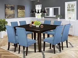 9pc square dining table with linen blue fabric parson chairs with cappuccino chair legs square kitchen tables square dining tables modern dining table set