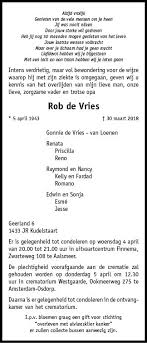 Jan de vries erelid, overleden 7 juli 2015. Overleden Rob De Vries 05 04 1943 30 03 2018