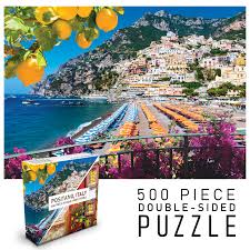 One side features positano beach vista, where shades of orange beach umbrellas are lined up alongside pastel houses and crystal blue water. 500 Piece Jigsaw Puzzle Double Sided Positano Beach Amalfi Coast Italy Walmart Com Walmart Com