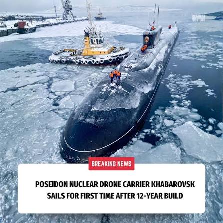 🇷🇺#𝐑𝐮𝐬𝐬𝐢𝐚 𝐋𝐚𝐮𝐧𝐜𝐡𝐞𝐬 𝐊𝐡𝐚𝐛𝐚𝐫𝐨𝐯𝐬𝐤 𝐍𝐮𝐜𝐥𝐞𝐚𝐫  𝐒𝐮𝐛𝐦𝐚𝐫𝐢𝐧𝐞 Russia launches its newest nuclear submarine  'Khabarovsk' designed to carry the underwater nuclear drone 'Poseidon',  also known as 'doomsday missile', capable of ...