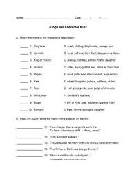 King Lear Character Quiz With Key Grades 9 12 Secondary Teacher Quiz With Answers Character Worksheets