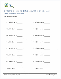 Multiplication of decimals (real numbers: Grade 5 Math Worksheet Decimal Division 2 Digits K5 Learning