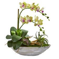 Nearly Natural Indoor Phalaenopsis Orchid And Succulent Artificial Arrangement In White Vase 1714 The Home Depot Orchid Flower Arrangements Succulent Arrangements Phalaenopsis Orchid