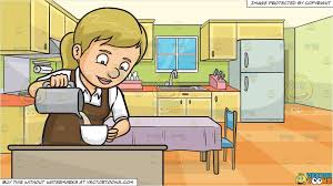 A Lady Barista Pouring Hot Milk In A Mug And A Family Kitchen With A Dining Table And Two Chairs Background Pink Dishes Brown Apron Family Kitchen