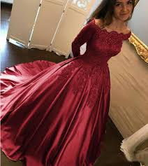 Ball gowns often feature sweetheart necklines with a band or belt at the waist that highlights your figure. Off Shoulder Burgundy Lace Satin Ball Gown Wedding Dress Reception Wedding Party Dress Girls Quinceanera Dress Ball Gowns Prom Ball Gowns Prom Dresses Ball Gown