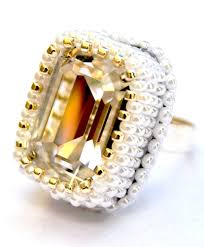 Rectangular Ring Crystal Embroidered Pearl Pearly White Rock Rings Crystals Pearls