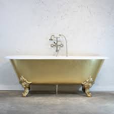 This tub is the perfect selection for those looking for fashion, comfort, and affordability. The Balmoral Cast Iron Double Ended Clawfoot Bathtub With A Hand Applied Faux Gold Leaf Exterior Plus Feet In Soft Gold