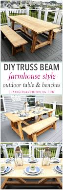 A dazzling white dine table made from slender pieces of barn wood. Diy Truss Beam Farmhouse Style Outdoor Table And Benches Restoration Hardware Inspired Abby Lawson