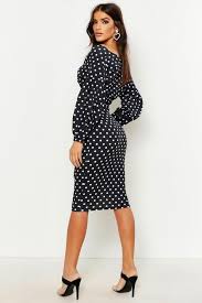 Black And White Polka Dot Dress Off The Shoulder Polka Dot Off Shoulder Wrap Midi Dress Boohoo White Midi Dress Dresses Black Midi Dress