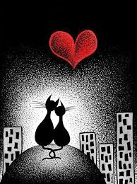 Cat Silhouettes In Love Heart Moon Valentine S Day Wedding Art Print Amorini Cat Art Art Cat Drawing