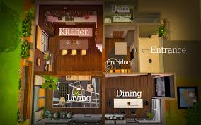 The interior design is rather simple with rustic furniture highlighted by blue, green and beige painted walls. Contemporary Desert House Sims 4 Houses