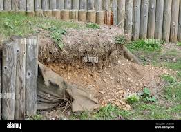 Rotten and damaged wooden round log retaining wall in a park with the  erosion control matting exposed and soil falling into a path Stock Photo -  Alamy