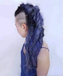 Long Braided Pastel Purple Mohawk Half Shaved Hair Blue Hair Shaved Hair