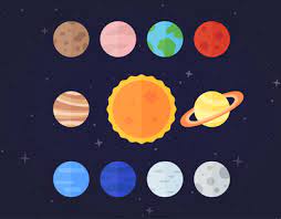 Flat Vector Icon Set Of Solar System Planets Sun And Moon On Dark Space Background Solar System Planets Planet Drawing Space Solar System