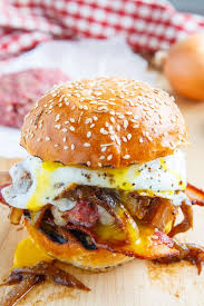 Bacon And Cheese Corned Beef Burgers With Guinness Caramelized Onions And A Fried Egg Recipe Burger Recipes Recipes Gourmet Burgers