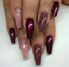 They work especially well with acrylic nails and stylishly complement matte polishes, which make the bold shape more soft. Glossy Maroon Coffin Nails With Glitter Maroon Color Is Or Winners And When They Are Embellished With Glitter And Rhi Maroon Nails Gorgeous Nails Nail Designs