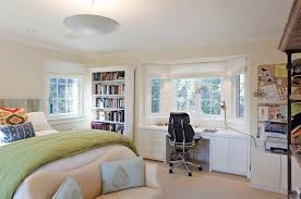 Finding the right shades for bay windows can be tricky because of their shape and size. Bedroom Office Bay Window Desk Bedroom Layouts Bedroom Workspace Bedroom Design