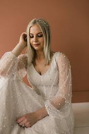 Modern Bishop Sleeve Wedding Dress Modest Wedding Dress With Pearl Bishop Sleeves From Alta Moda Bridal Modest Bridal Gowns Wit Wedding Dresses Boho Wedding Dress Lace Blush Pink Wedding Dress