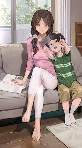 yewang19, original, absurdres, chinese commentary, commentary, highres,  revision, 1boy, 1girl, barefoot, black eyes, black hair, breasts, brown  eyes, brown hair, cellphone, couch, crossed legs, feet, headpat, holding,  holding phone, indoors, legs, long