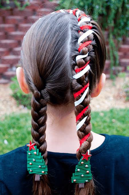 Candy cane woven ribbon pigtails, AI generated