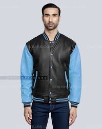 Sky Blue Custom Leather Varsity Jacket Front Leather Varsity Jackets Jackets Varsity Jacket