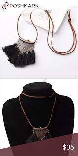 Relisted Black Boho Leather Tassel Necklace Boho Leather Leather Tassel Tassel Necklace Boho