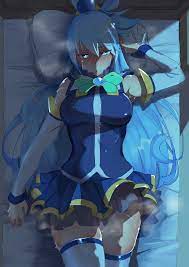 shirabe shiki, aqua (konosuba), kono subarashii sekai ni shukufuku wo!,  absurdres, highres, 1girl, bare shoulders, bed sheet, blue eyes, blue hair,  blue shirt, blush, breasts, detached sleeves, from above, hair between eyes,