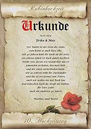 Rubinhochzeit Urkunde Personalisiert Geschenk Karte Zum 40 Hochzeitstag Din A4 Amazon De Burobedarf Eiserne Hochzeit Spruche Hochzeit Hochzeit Spruch Karte