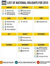 11144 that declaring june 19 as a special non working holiday in laguna every year. Philippine Holidays 2015 Regular And Special Non Working Days List