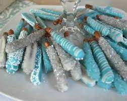 5 Pk Of Mini Chocolate Dipped Pretzels Wth Matching Chocolate Etsy Baby Shower Desserts Boy Baby Shower Desserts Baby Shower Treats