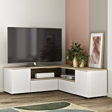 Meuble tv hifi blanc laqué design eleonore. Meuble Tv D Angle 130x130x46 Cm Blanc Et Chene Squar Maison Et Styles