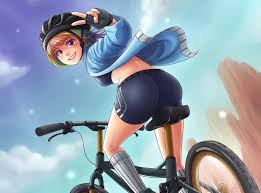 ninjaham, rainbow dash, my little pony, my little pony: friendship is  magic, 1girl, ass, bicycle, bike shorts, blue sky, breasts, day, fingerless  gloves, gloves, helmet, jacket, medium breasts, midriff, mountain bicycle,  multicolored