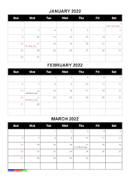 Printable calendar 2022, 2023, 2024. Free Calendar January February March 2022 With Holidays Four Quarters January February March Free Calendar Holiday Printables
