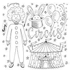 Collection Tiree Par La Main De Cirque Avec Le Clown Le Ballon La Tente Et Le Lapin De Magie Page De Livre De Coloriage Pour De Illustration De Vecteur Illustration Du