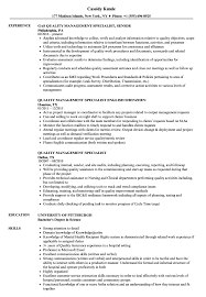 Quality Management Specialist Resume Samples Velvet Jobs