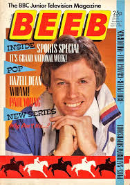 From March 1985 BEEB MAGAZINE features Saturday Superstore! Blue Peter! The  Tripods! Grange Hill! Sports Desk! Automan! Tune In! One By One! BBC Radio!  Hazell Dean! The Grand National! Wham! Paul Young!