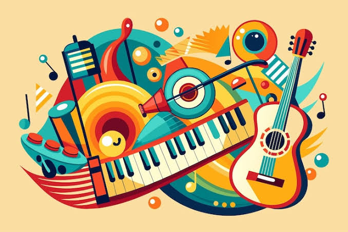 a imagem possui instrumentos musicais como violão, teclado, harpa, pratos coloridos.
