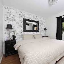 Black White Gray Bedroom Loving The Wallpaper On One Wall Wallpaper Design For Bedroom Black Wallpaper Bedroom White Bedroom Design