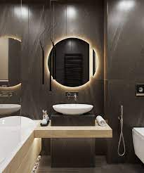 Rivestimenti Bagni Esempi Con Piastrelle Di Colore Nero Arredamento Con Mobile E Specchio Rotondo Specchi Bagno Bagni Moderni Arredo Bagno Moderno