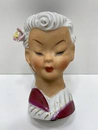 VTG Enesco Lady Head Vase White Hair Gold Accents Flower In Hair Purple and  Gold