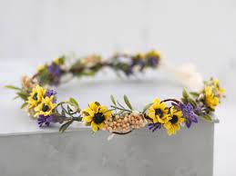 Sunflower Flower Crown Sunflower Lavender Bridal Headpiece Etsy In 2020 Yellow Flower Crown Flower Girl Crown Flower Crown Bride