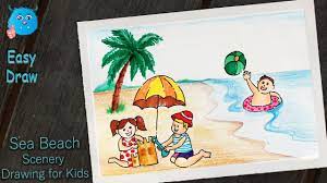 A trip to the seaside with the kids wouldn't be complete without an ice cream! How To Draw A Beach Scene Of Kids Playing Easy Sea Beach Drawing In Color Pencils Youtube
