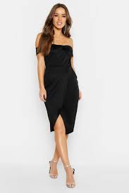 Petite Twist Front Bardot Wrap Midi Dress Boohoo Midi Dress Dresses Black Midi Dress