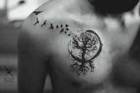 Black Ink Tree Of Life With Flying Birds Tattoo On Man Right Front Shoulder Life Tattoos Tree Of Life Tattoo Tattoos For Guys
