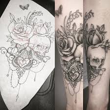 Love It When Girls Add In Skulls To Their Lacy Delicate Feminine Tattoos Skulls Are Beautiful Lace Skull Tattoo Feminine Skull Tattoos Funky Tattoos
