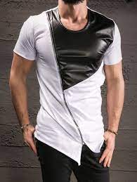 K B Men Faux Leather Cross Zipper Big Neck T Shirt Black Casual Wear For Men Mens Outfits T Shirt