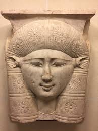 The face of the goddess Hathor, with cow ears. A fragment of a capital from  a column. 3rd century BC, Ptolemaic. D 32. Louvre Museum.