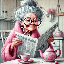 Prompt: A whimsical , 3d paper art styl .the scene is oil style, whit muted watercolor and air brushed. a grey messsenior lady , with a few wrinkles, grey curley hair, glasses,