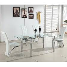 Alicia Extending Dining Table In Clear Glass With Chrome And 6 Ravenna Dining Chairs In White Fa White Glass Dining Table Dining Table Black Glass Dining Table